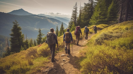 a group of nature enthusiasts hike through a picturesque mountain range, wearing sustainable hiking gearの素材