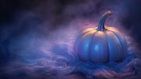 Mystic Moonlight Hallowen. A captivating photo featuring a pumpkin bathed in a soft, ethereal blue and purple light, creating an enchanting and otherworldly atmosphere. Very peri colorの素材