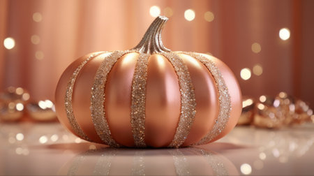 Glamorous Glamor Hallowen decor. Stunningly decorated pumpkin with metallic accents, glitter, and rhinestones, giving it a touch of luxury and sophistication. Trendy color palette: Rose gold, champagne, and shimmering silverの素材