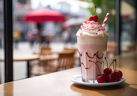 Fresh strawberry smoothie or milkshake on blurred street cafe background. Healthy eating conceptの素材