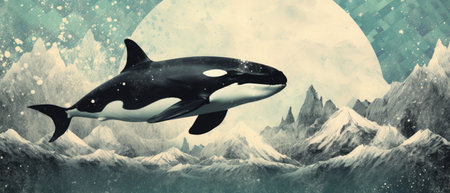 Contemporary minimal collage art. Sketch cosmic orca and boat in creative space. Pop zine cultureの素材