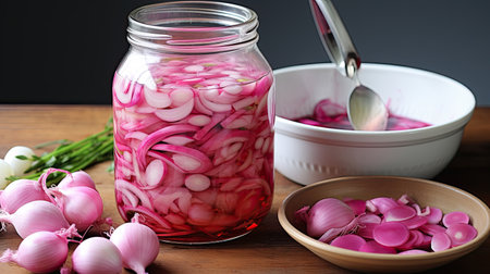 Jar with tasty pickled onions on wooden table. Perfect as a snack, addition to salads or sauces, and can be preserved for future use.の写真素材