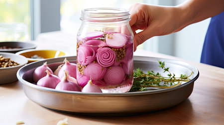 Jar with tasty pickled onions on wooden table. Perfect as a snack, addition to salads or sauces, and...