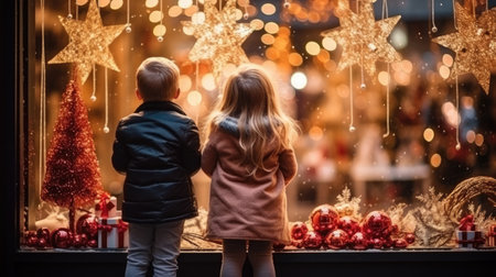 small children stand on the street near a shop window decorated with New Years garlandsの素材