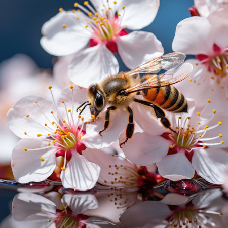 Detailed macro shot of a bumblebee pollinating flowers. Pollinator Support Safeguards Global Agricultural Productionの写真素材
