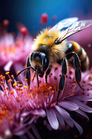 Detailed macro shot of a bumblebee pollinating flowers. Pollinator Support Safeguards Global Agricultural Productionの写真素材