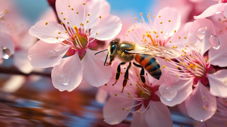 Detailed macro shot of a bumblebee pollinating flowers. Pollinator Support Safeguards Global Agricultural Productionの写真素材