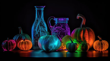 Neon Nightfall Halloween decor. Neon-lit pumpkins arranged in a vibrant display, creating a lively and energetic ambiance. Trendy colors Electric blue, neon green, and hot pink.の写真素材