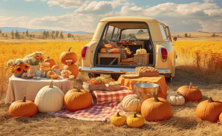 Halloween Pumpkin Patch Picnic. Have a picnic in the middle of a pumpkin field, with a cozy blanket, tasty treats and fall decorations. Trendy colors Harvest-inspired hues, such as golden yellow, pumpkin orange, and leafy green.の写真素材