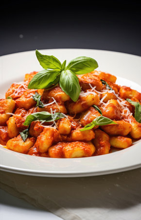 Gnocchi with tomato sauce and parmesan on white plateの素材