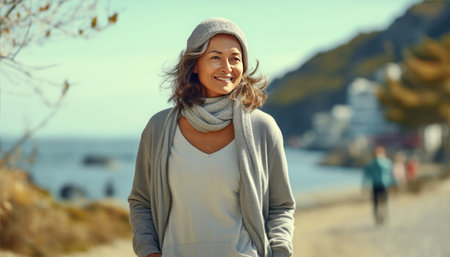 Smiling elderly woman in an oversized sweater walk on the seashore, a warm autumn day. Holiday resort, travel and active lifestyle.の素材