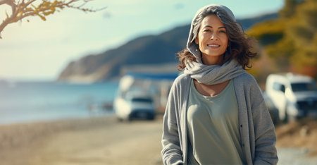Smiling elderly woman in an oversized sweater walk on the seashore, a warm autumn day. Holiday resort, travel and active lifestyle.の素材