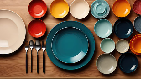 Bright colorful table setting with multi-colored ceramic dishes in turquoise and yellow colors. Boho style.の素材