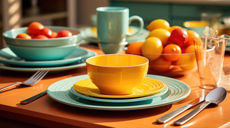 Bright colorful table setting with multi-colored ceramic dishes in turquoise and yellow colors. Boho style.の素材