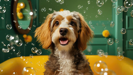 wet dog sitting in bathtub with soap bubbles flying around her, clear pet happy pet. modern minimalist bathroom interior vibrant colorsの素材