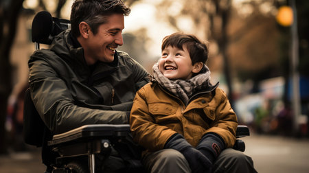 Parents with disabilities on modern wheelchairs communicate with their children. Father plays in the park with his son.の素材