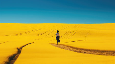 A young girl walks on the road in a golden wheat field. Minimalist Illustration style in yellow color, Japanese Countryside.Birds Eye Viewの素材