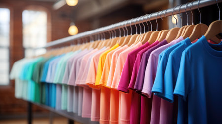 plain t-shirts of different colors hang on a hanger, store interior blur.の素材
