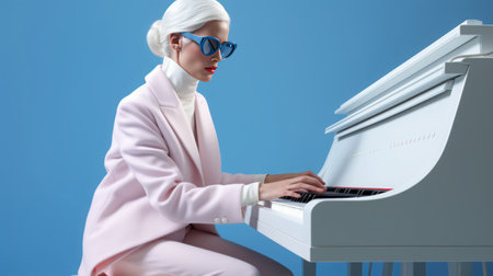 Beautiful blind girl musician with disabilities in dark glasses plays music on the piano by ear with inspiration. Creativity without boundaries and stereotypes. Full rich creative life of people with special needs.の素材