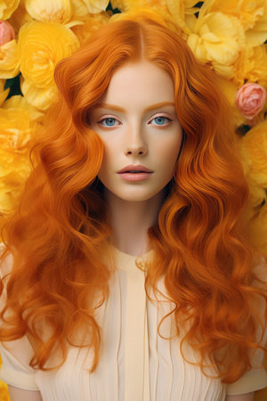 Creative portrait Young beautiful redhead model. Fashionable, contemporary styling of bright pastel pink and yellow color. Minimal Summer styleの素材