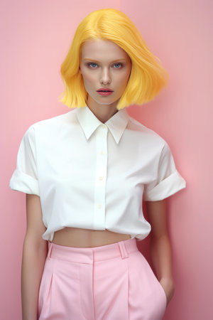 Creative portrait Young beautiful blonde model. Fashionable, contemporary styling of bright pastel pink and yellow color. Minimal Summer styleの素材