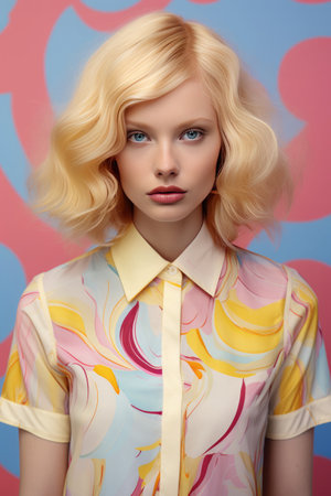 Creative portrait Young beautiful blonde model. Fashionable, contemporary styling of bright pastel pink and yellow color. Minimal Summer styleの素材