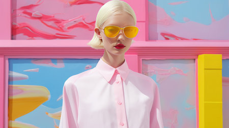 Creative portrait Young beautiful blonde model. Bright pastel pink and yellow. Paint smudges on the wall. Modern summer style.の素材