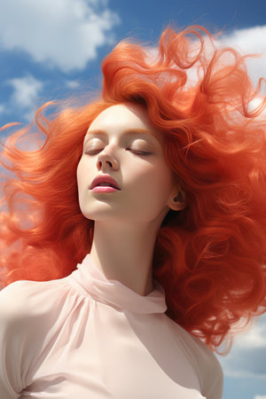 Creative portrait Young beautiful redhead model. Fashionable, contemporary styling of bright pastel pink and yellow color. Minimal Summer styleの素材