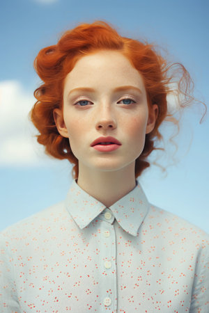 Creative portrait Young beautiful redhead model. Fashionable, contemporary styling of bright pastel pink and yellow color. Minimal Summer styleの素材