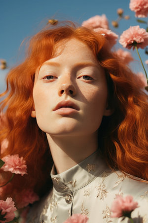 Creative portrait Young beautiful redhead model. Fashionable, contemporary styling of bright pastel pink and yellow color. Minimal Summer styleの素材