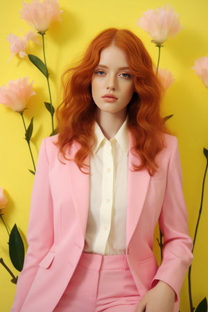 Creative portrait Young beautiful redhead model. Fashionable, contemporary styling of bright pastel pink and yellow color. Minimal Summer styleの素材