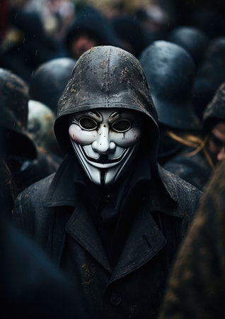 The concept of hidden emotions: a man in a mask smiles at a family meeting, but deep sadness is read in his eyes. Close-up of eyes showing conflicting emotions. Anonymous mask.の素材