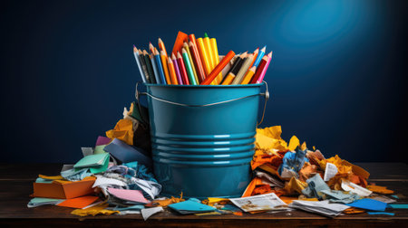 Concept of Quality Decline. Illustration of an overflowing trash bin next to disorganized papers and unfinished work. Vibrant colors, emphasizing the clutte.の素材