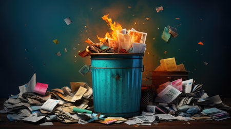 Concept of Quality Decline. Illustration of an overflowing trash bin next to disorganized papers and unfinished work. Vibrant colors, emphasizing the clutte.の素材