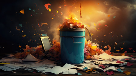 Concept of Quality Decline. Illustration of an overflowing trash bin next to disorganized papers and unfinished work. Vibrant colors, emphasizing the clutte.の素材