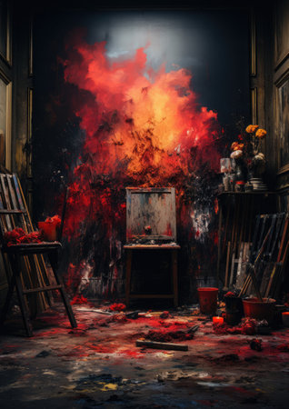 Concept of Burnt Out Creativity. An artist's studio with unfinished paintings and discarded brushes, depicting the frustration of lost inspiration. Photography style: Moody lighting, highlighting the abandoned art.の素材