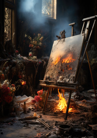 Concept of Burnt Out Creativity. An artist's studio with unfinished paintings and discarded brushes, depicting the frustration of lost inspiration. Photography style: Moody lighting, highlighting the abandoned art.の素材