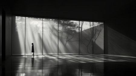 Concept of Isolation and Solitude: A lone figure stands by a window, reflections on the glass showing scattered silhouettes, yet there's no real connection. Photography style: Minimalist composition, emphasizing the isolation.の素材