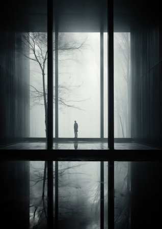 Concept of Isolation and Solitude: A lone figure stands by a window, reflections on the glass showing scattered silhouettes, yet there's no real connection. Photography style: Minimalist composition, emphasizing the isolation.の素材