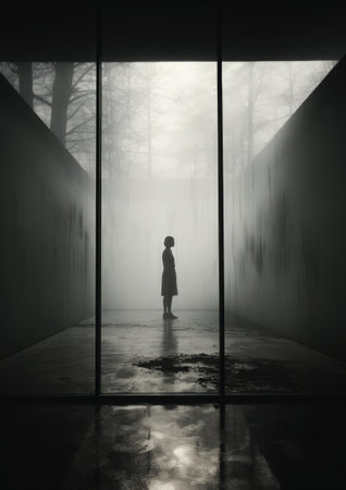 Concept of Isolation and Solitude: A lone figure stands by a window, reflections on the glass showing scattered silhouettes, yet there's no real connection. Photography style: Minimalist composition, emphasizing the isolation.の素材