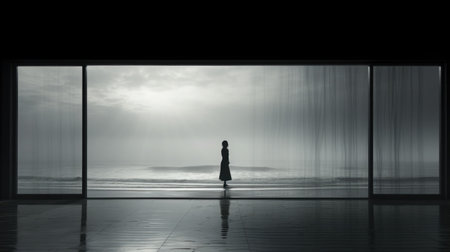 Concept of Isolation and Solitude: A lone figure stands by a window, reflections on the glass showing scattered silhouettes, yet there's no real connection. Photography style: Minimalist composition, emphasizing the isolation.の素材