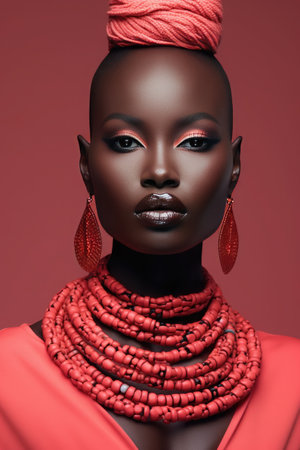 Stylish portrait of a beautiful African girl in a suit with ethnic motifs. minimalist style.の素材