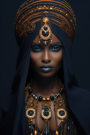 Stylish portrait of a beautiful African girl in a suit with ethnic motifs. minimalist style.の素材