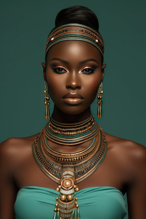 Stylish portrait of a beautiful African girl in a suit with ethnic motifs. minimalist style.の素材