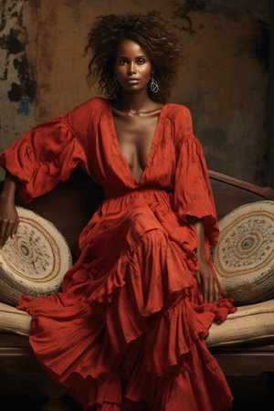 Stylish portrait of a beautiful African girl in a suit with ethnic motifs. minimalist style.の素材