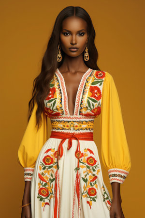 Stylish portrait of a beautiful African girl in a suit with ethnic motifs. minimalist style.の素材