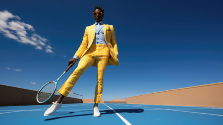 Creative portrait of a tennis player in yellow shoes on a blue court. Strange pose. Surreal composition.の素材