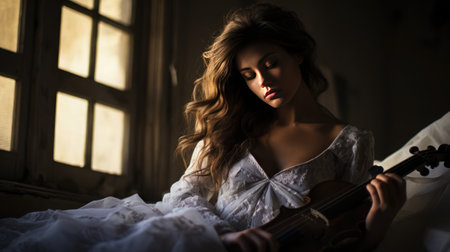 Concept of Fading Passion. A person stars at a musical instrument, surrounded by sheets of music, but there's no desire to play. Photography style: Soft focus on the instrument, capturing the emotional detachment.の素材