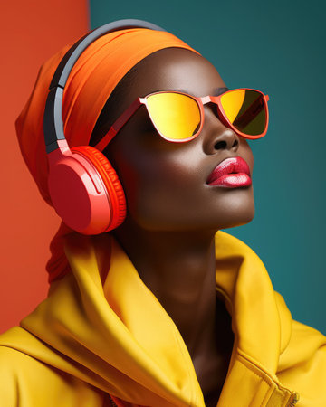 A stunning young African girl in headphones listens to music. Bright dynamic background.の素材