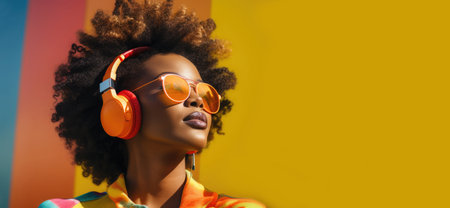 A stunning young African girl in headphones listens to music. Bright dynamic background.の素材